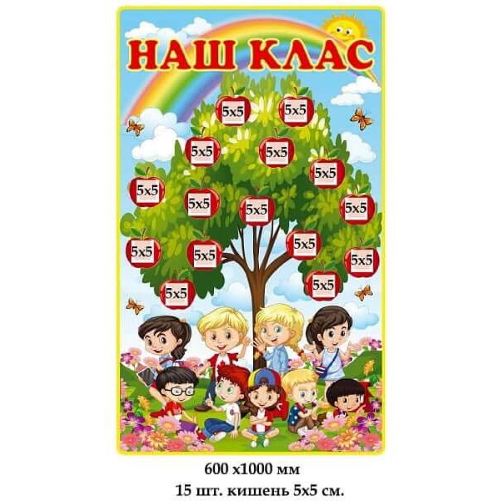 Стенд "Наш класс" с карманчиками для фото (школьники под яблоней)